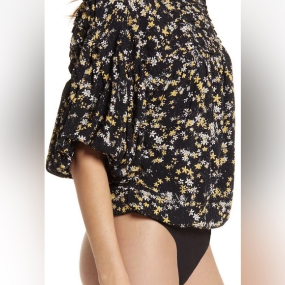 Free People Intimately Dessa Bodysuit Floral Printed Pintuck Black Top Size L - Picture 15 of 16